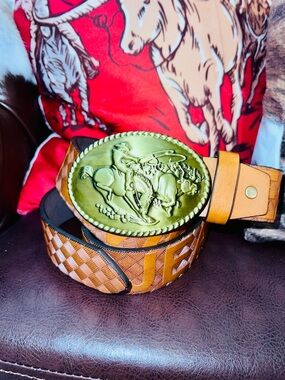 Western Leather Belt with Brass Horse Rider Buckle - Tan